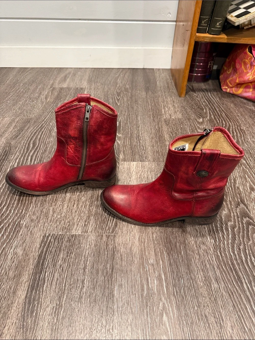 Frye “Melissa” Red Leather Ankle Boots with Side Zippers. Size 7